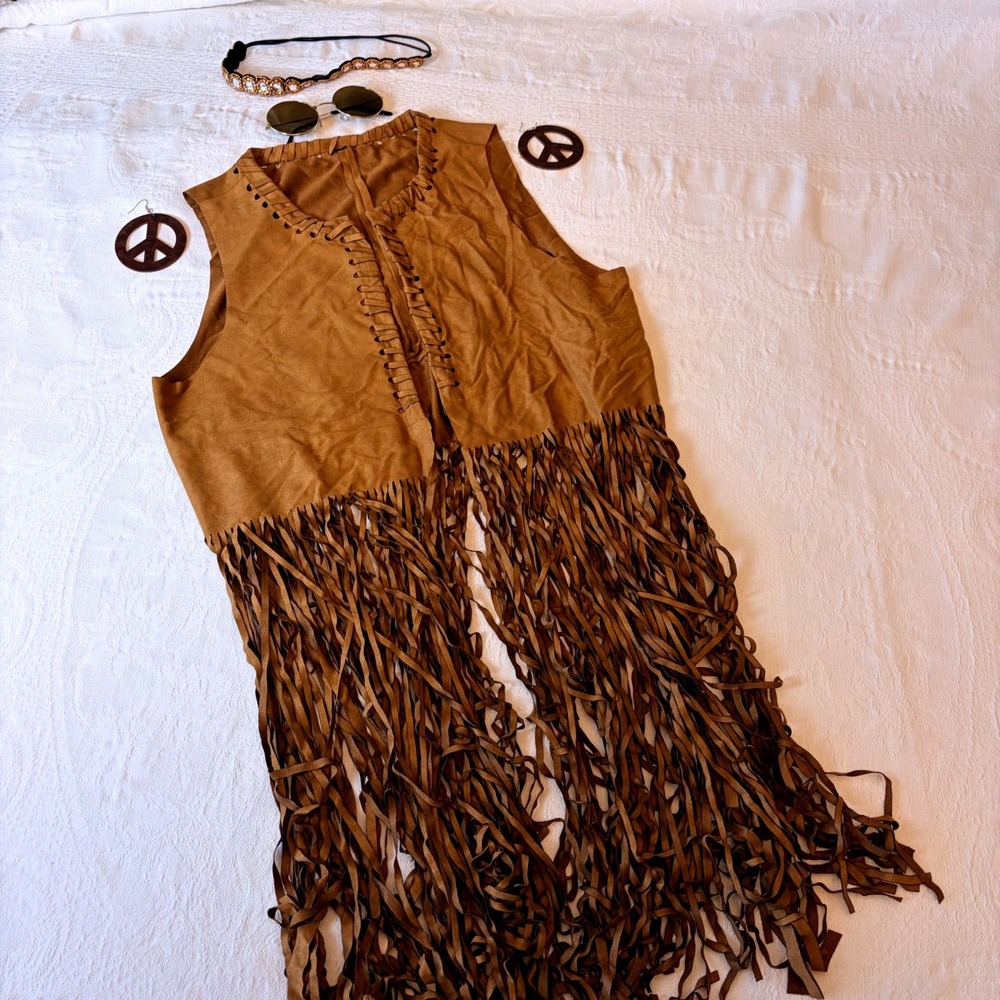 4pc 70s Hippie Costume Set Adult Medium Brown Fringe Vest Sunglasses Headband